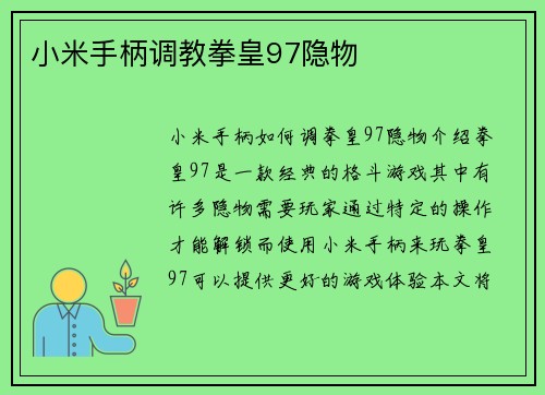 小米手柄调教拳皇97隐物
